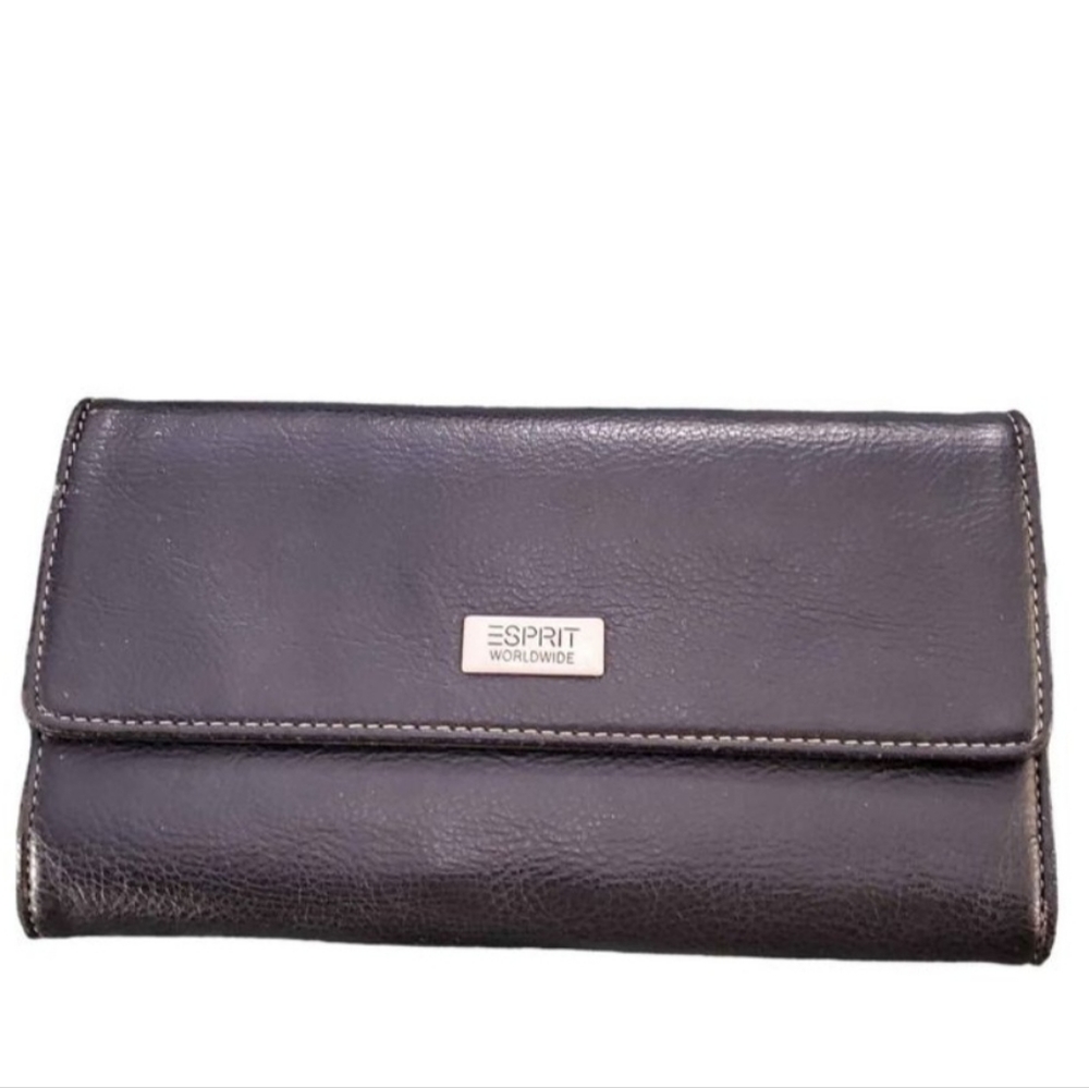 Vintage Esprit Worldwide Black Leather Trifold  Wallet  7½"×4½"